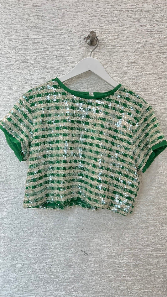 Tweed Sequins Top Green & Ivory