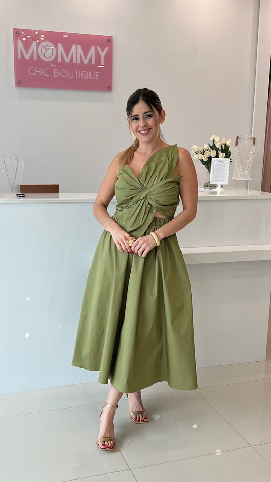 Bow Midi Dress Olive