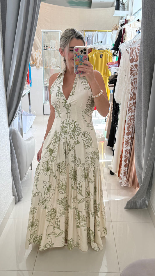 Printed Halter Maxi Dress Light Green