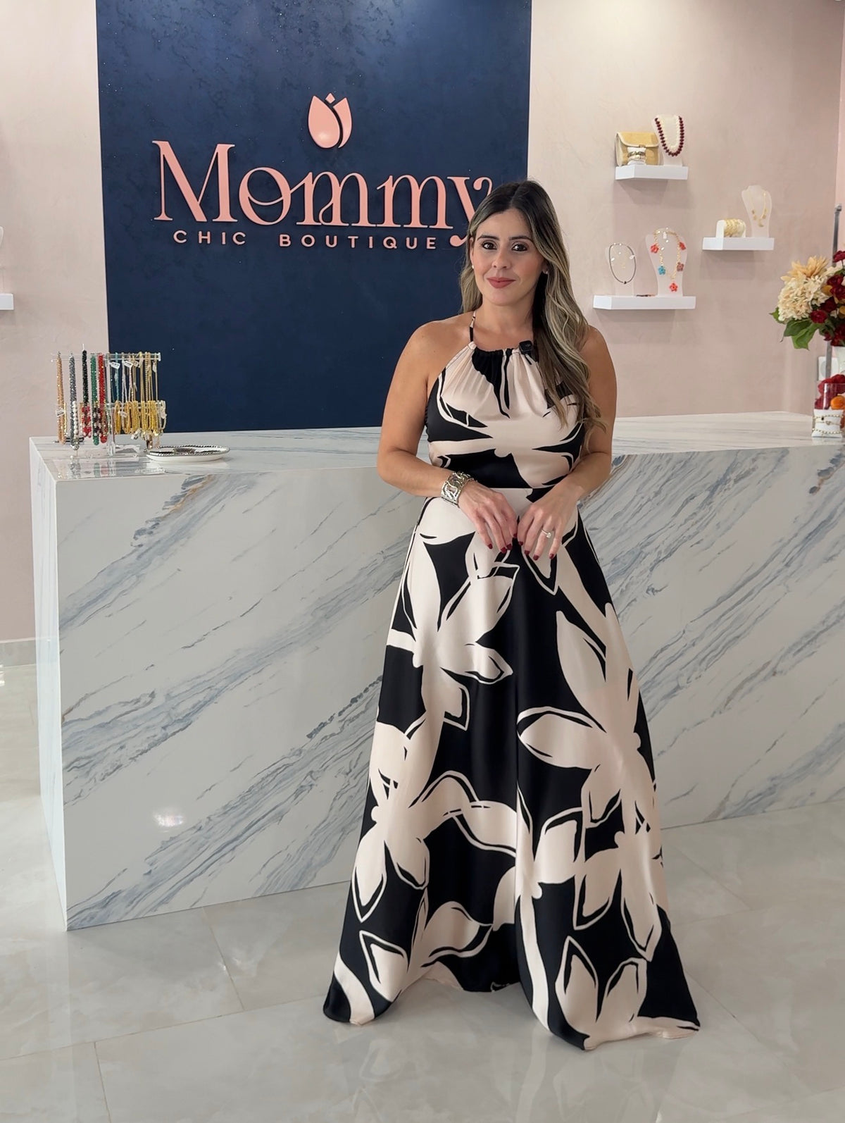 Printed Satin Maxi Dress Black / Blush