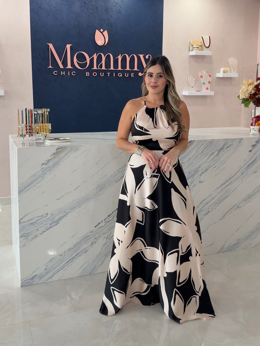 Printed Satin Maxi Dress Black / Blush