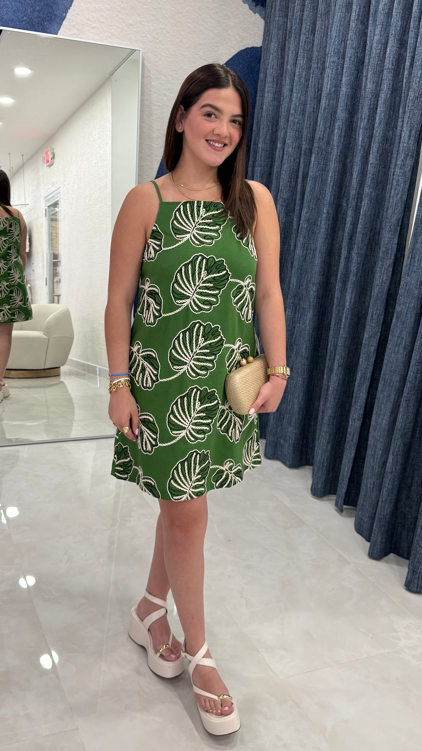 Embroidery Leaf Dress Green