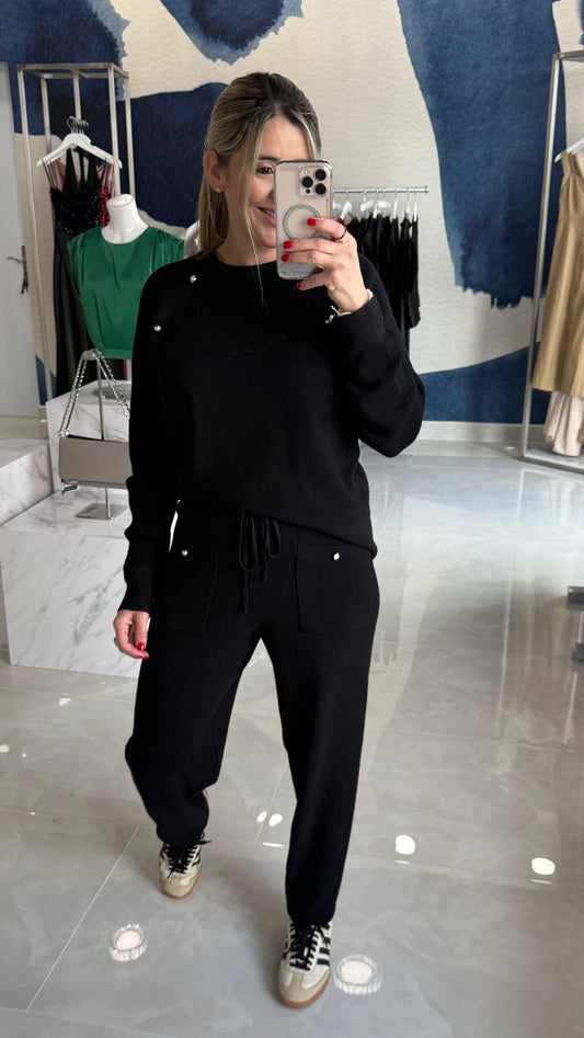 Pearl Detail Sweater Top & Jogger Pant Black