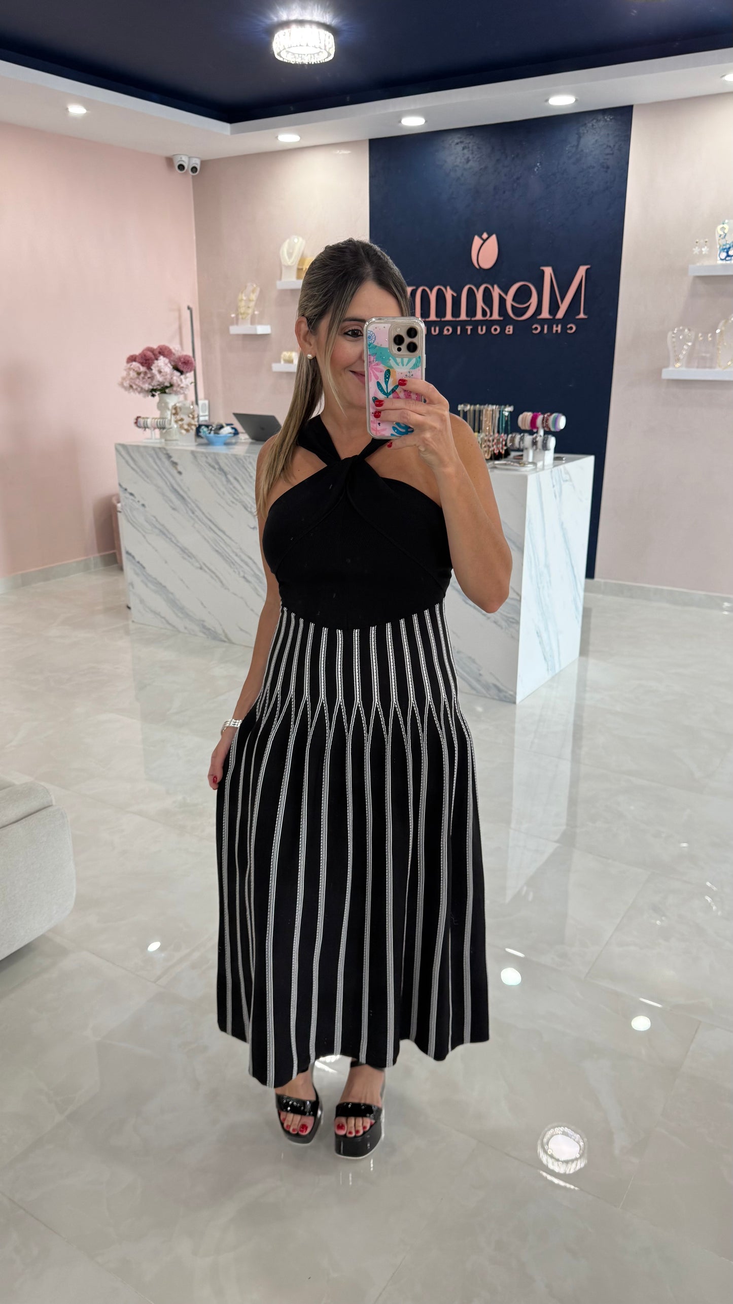 Knit Midi Dress Halter With Stripe