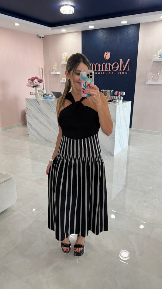 Knit Midi Dress Halter With Stripe