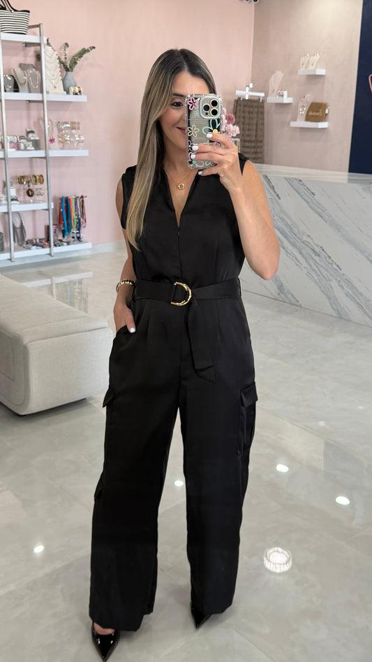 Satin Sleeveless Cargo Jumpsuit Black