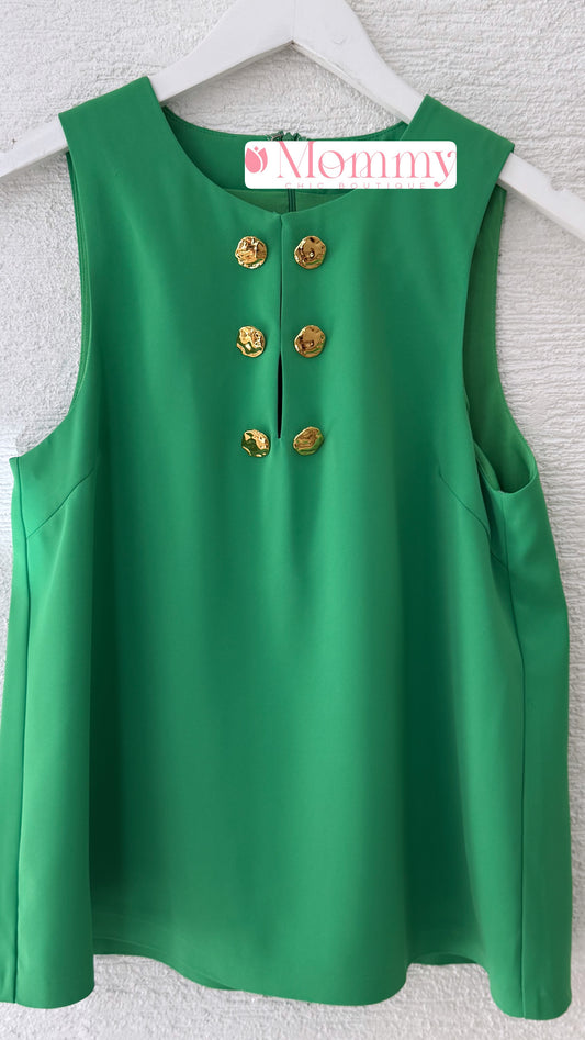 Sleeveless Top With Gold Button Green