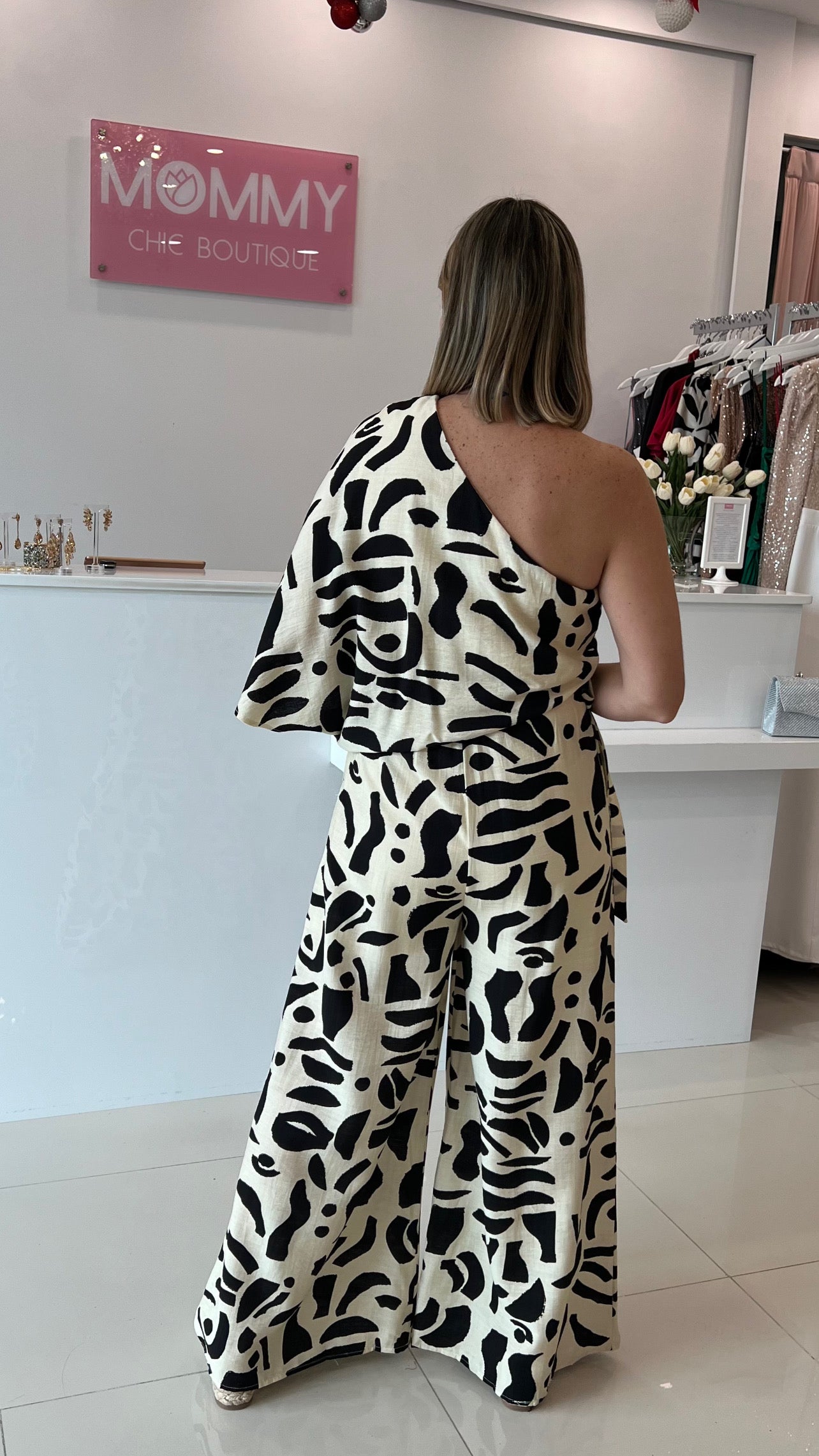 One Shoulder Printed Jumpsuit Ivory/Black