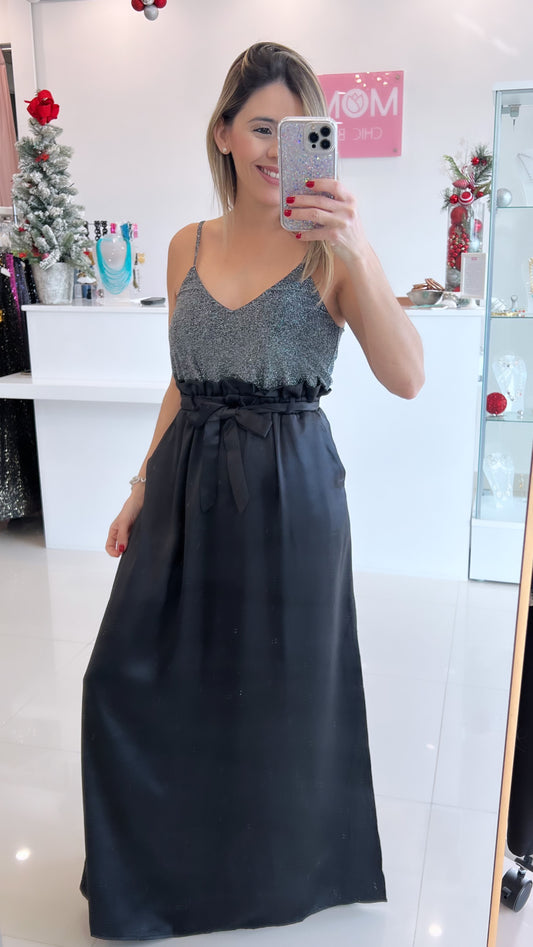 Satin & Metallic Maxi Dress Black