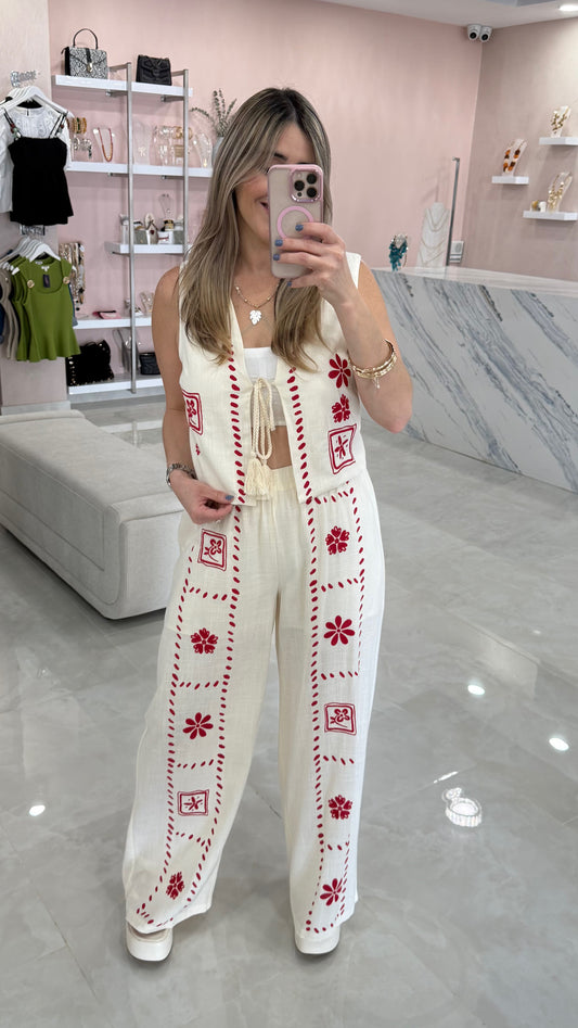 Embroidered Linen Vest Top & Pant Set Ivory / Red