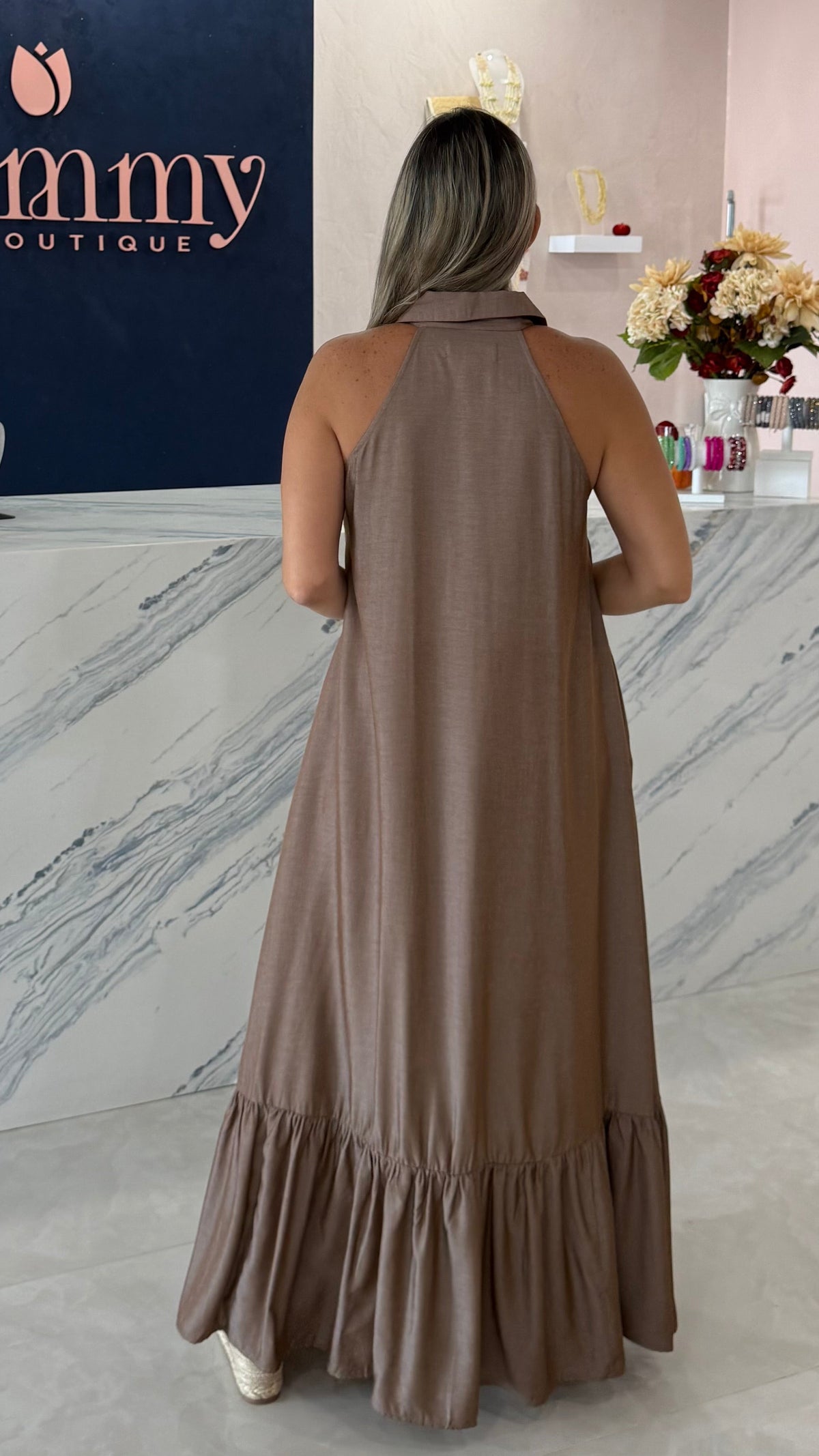 Gold Button Down Maxi Dress Mocha