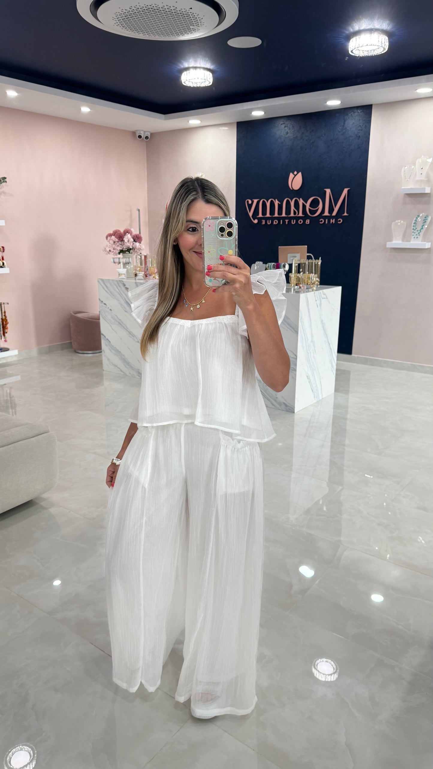 Ruffle Shoulder Top & Flowy Pant Set White