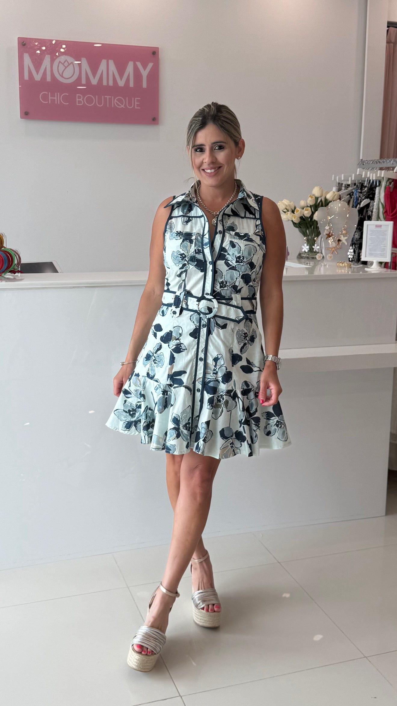 Printed Sleeveless Dress Navy