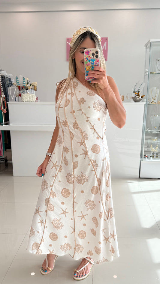 Sea Shells one Shoulder Dress Taupe