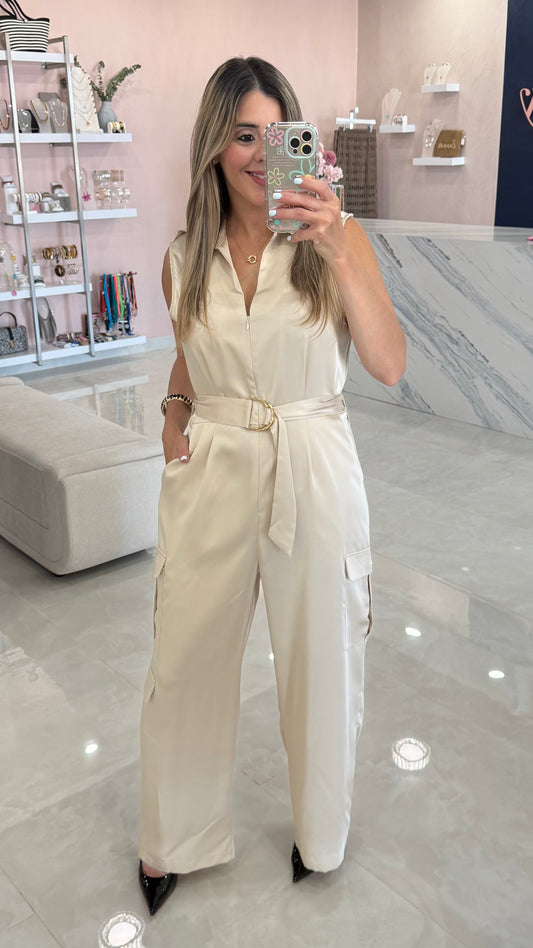 Satin Sleeveless Cargo Jumpsuit Beige