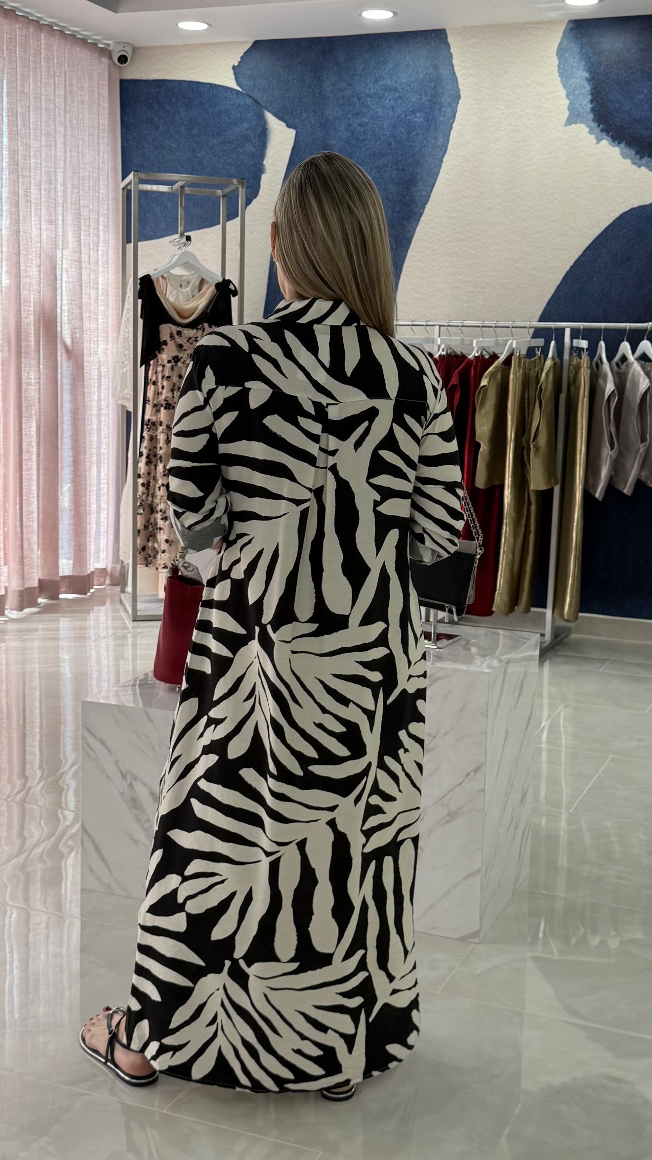 Leaf Button Down Maxi Dress BLK / Ivory