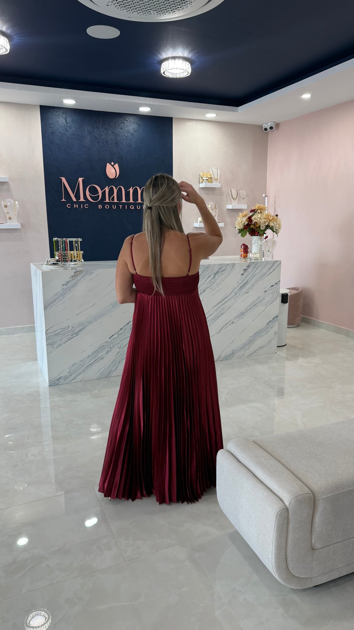 Pleated Satin Maxi Dress Burgundy