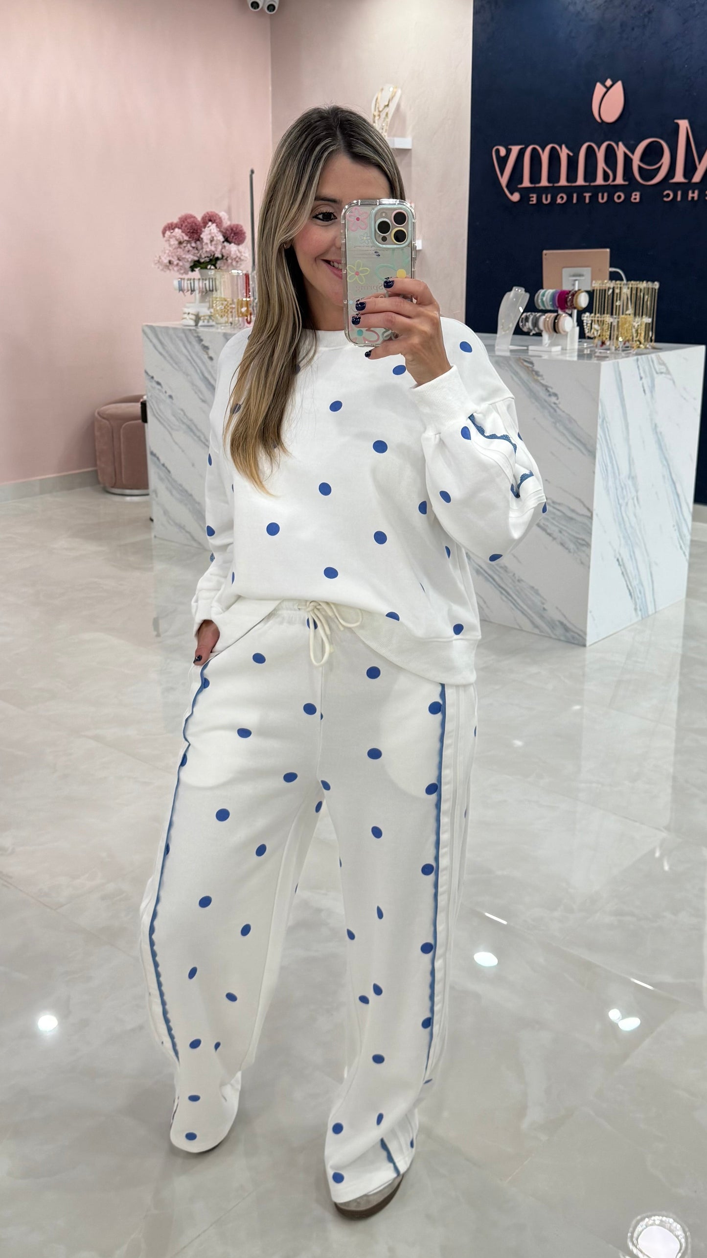 Polka Dot Sweater & Pant Set White / Blue