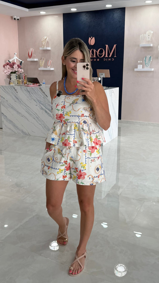Printed Peplum Top & Short Coral