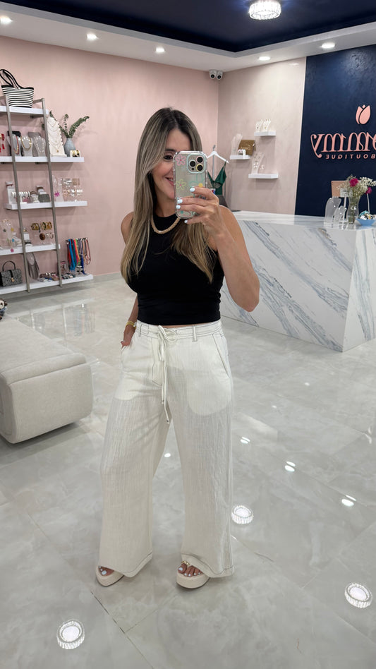 Linen Contrast Pant White