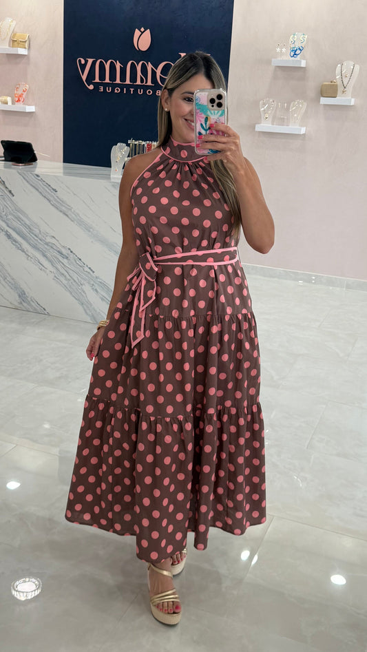 Polka Dots Halter Maxi Dress Pink & Brown