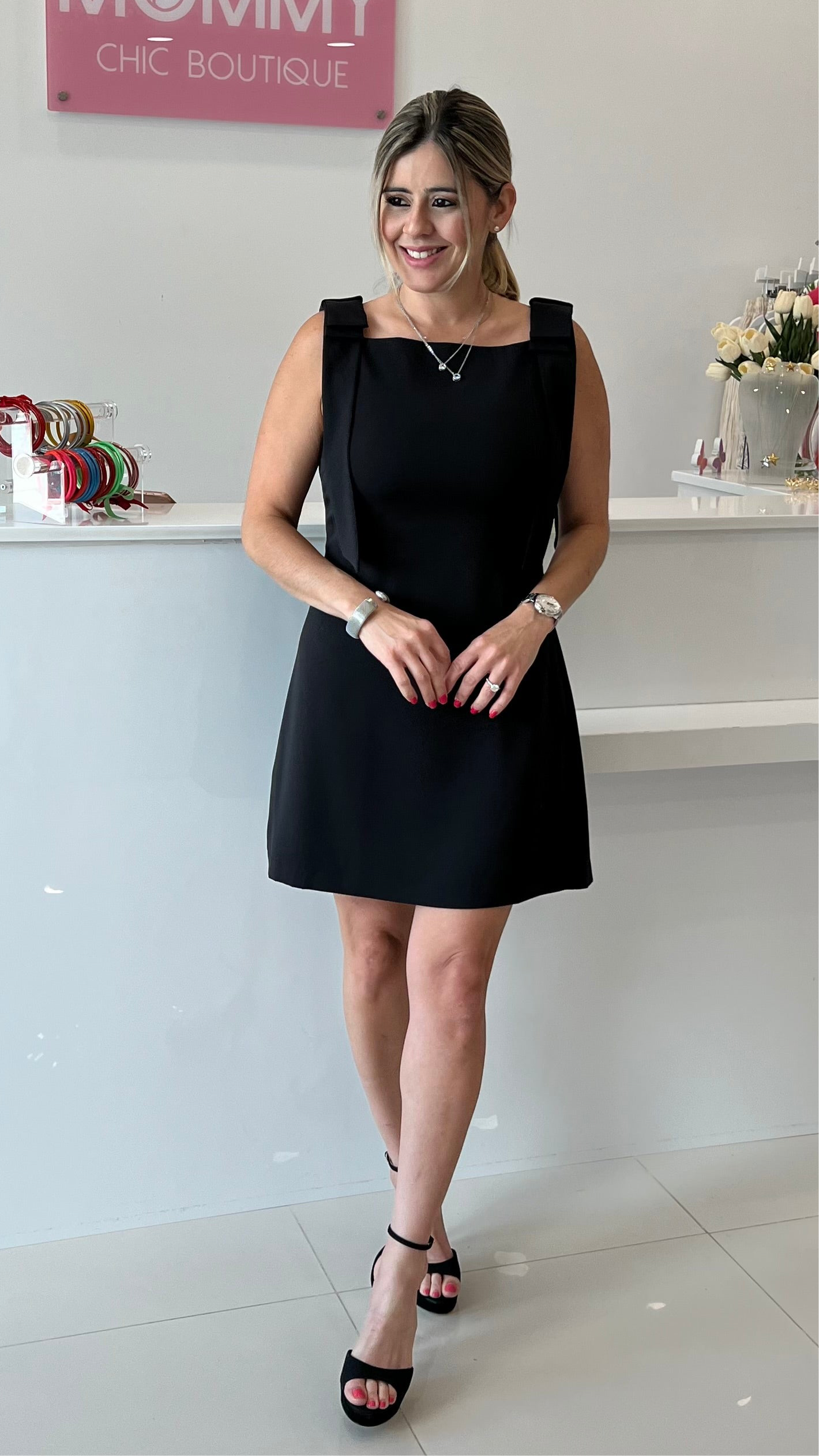 Ribbon Shoulder Dress Black