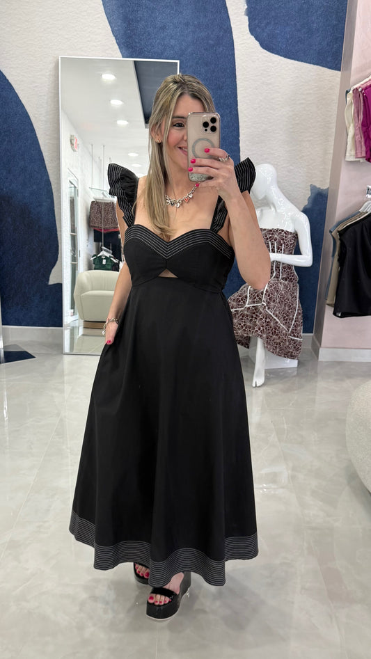 Ruffle Sleeve Contrast Maxi Dress Black