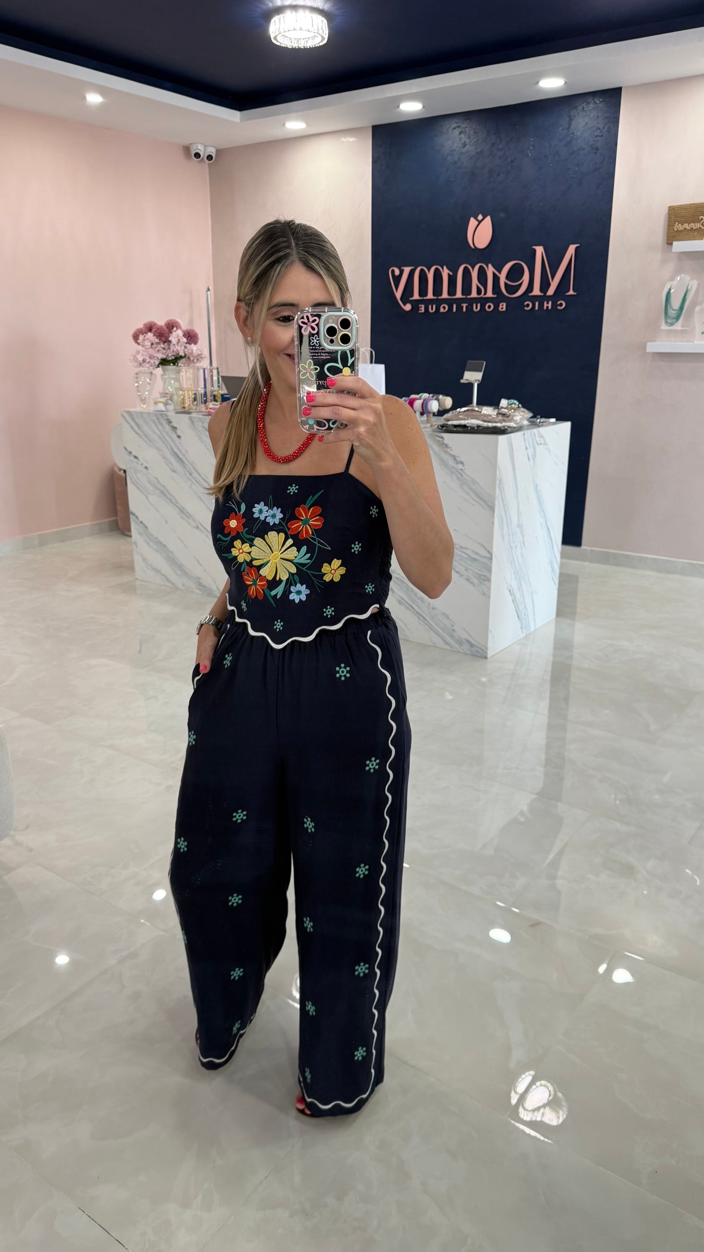 Embroidery Top & Pant Set Navy