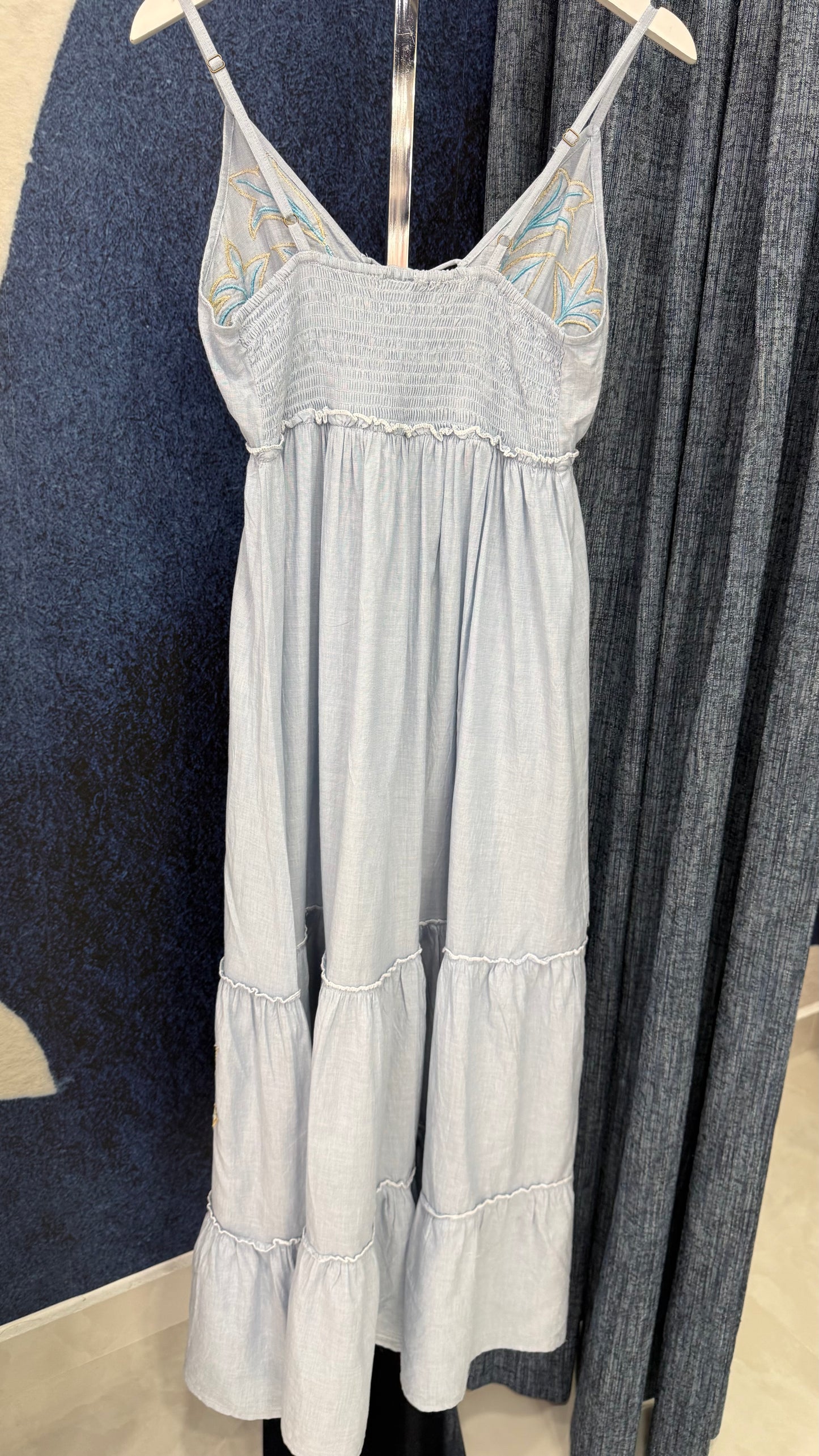 Maxi Dress Embroidery & Sequins Accents Blue