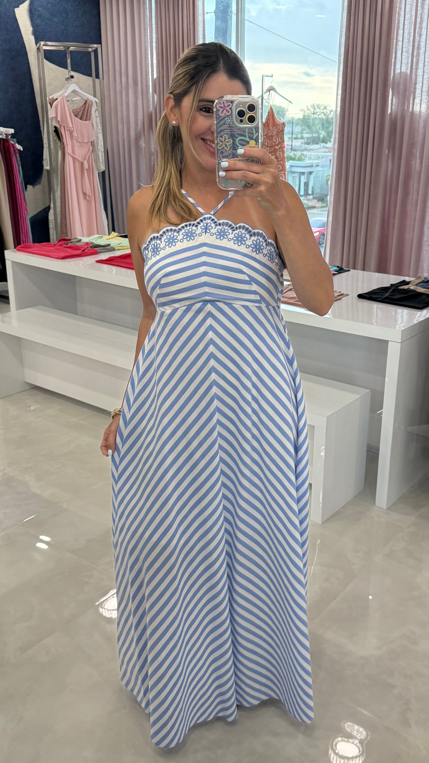 Embroidery Stripped Maxi Dress Blue