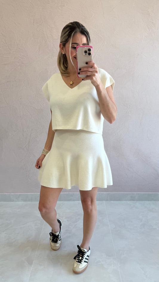 Sleeveless V Neck Sweater Top & Skirt Ivory
