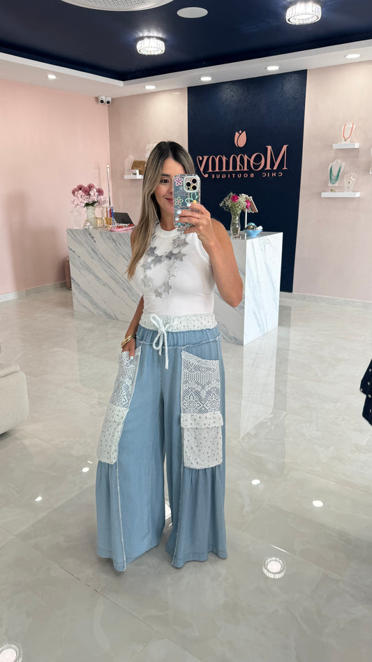 Blue Pant With Embroidery Pockets