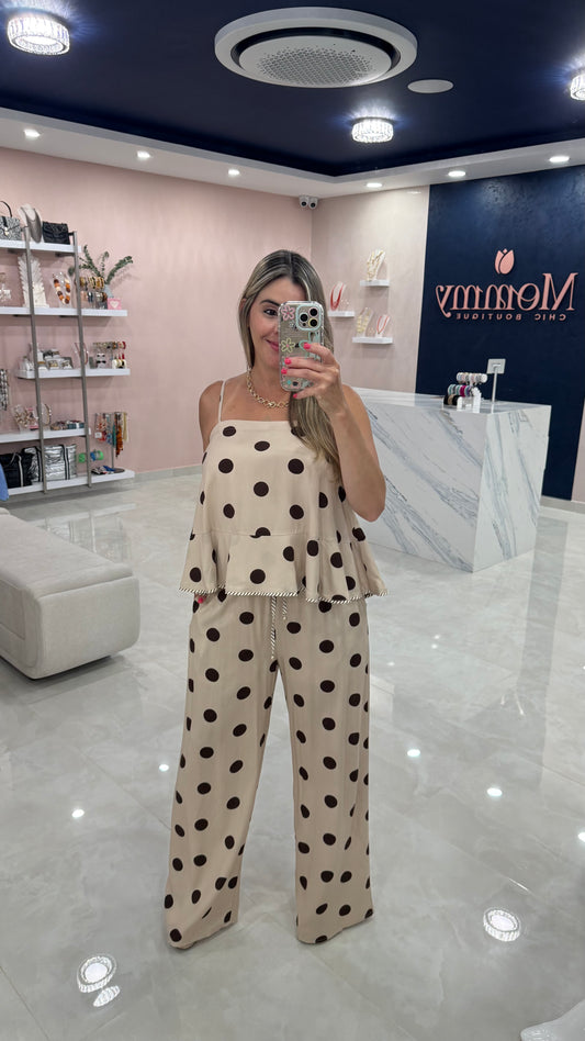 Polka Dots Top & Pant Set Taupe