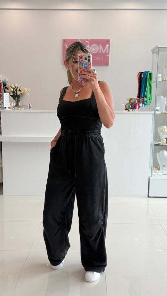 Washed Jumpsuit With Drawstring Leg Black