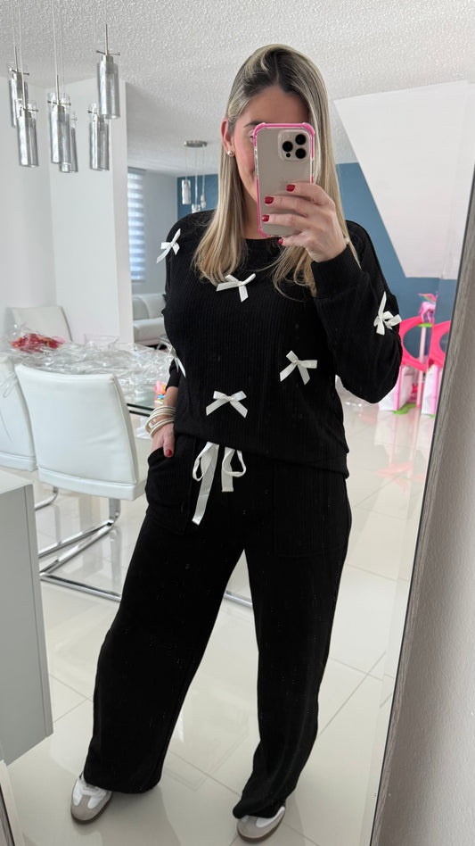 PRE ORDER Knit Long Sleeve Top & Pant Set Black
