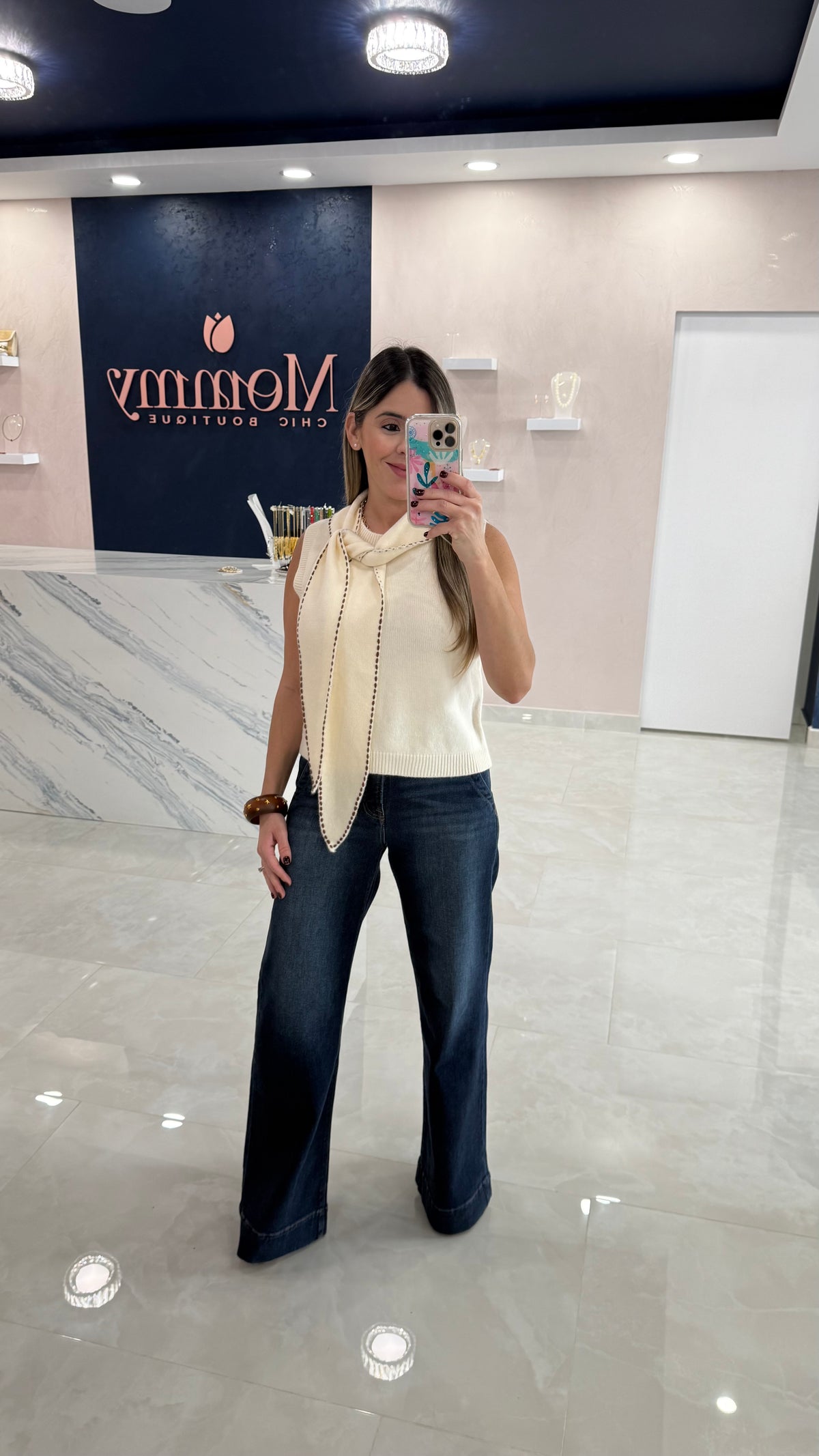 Sleeveless Sweater Trim Top Ivory