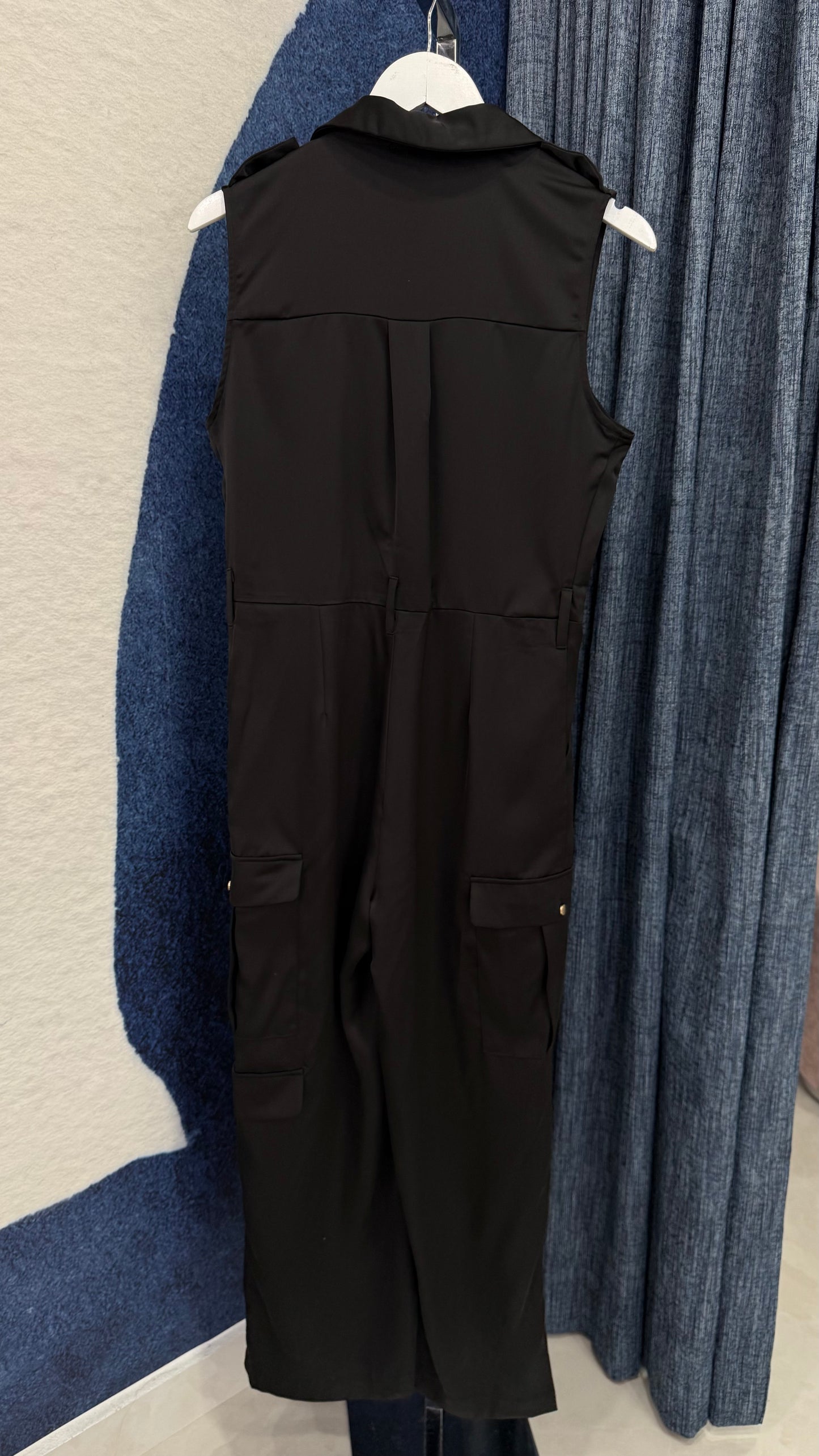 Satin Sleeveless Cargo Jumpsuit Black
