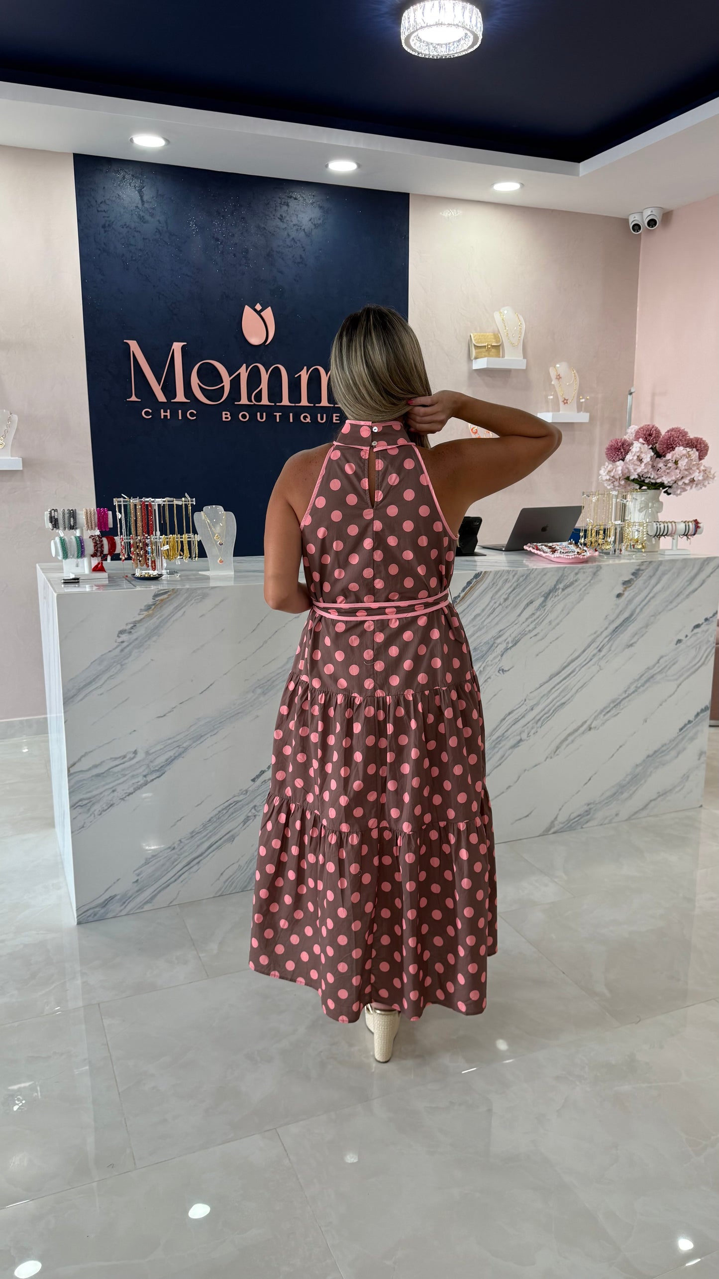 Polka Dots Halter Maxi Dress Pink & Brown