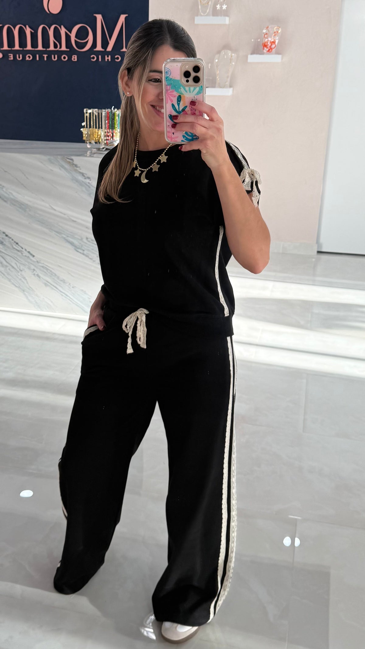 Contrast Lace Sweatshirt Top & Pant Set Black