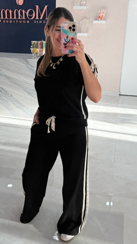 Contrast Lace Sweatshirt Top & Pant Set Black