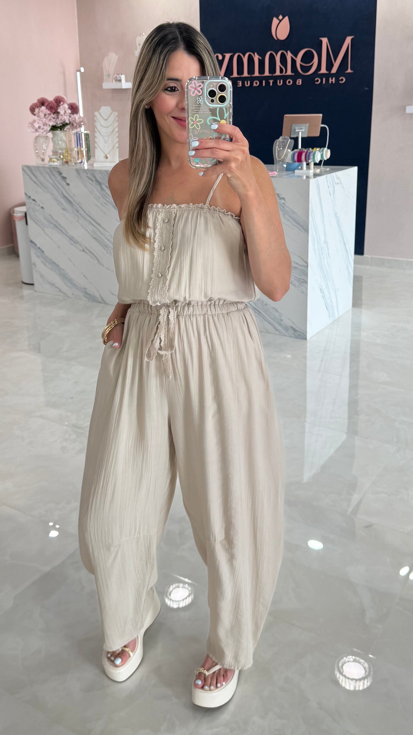 Lace Detail Sleeveless Barrel Jumpsuit Oatmeal