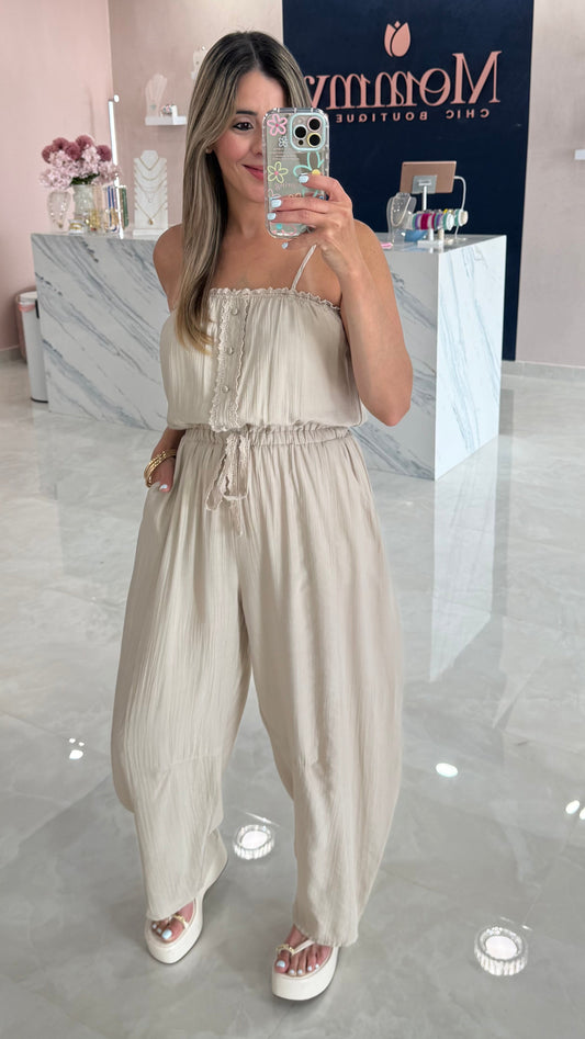Lace Detail Sleeveless Barrel Jumpsuit Oatmeal