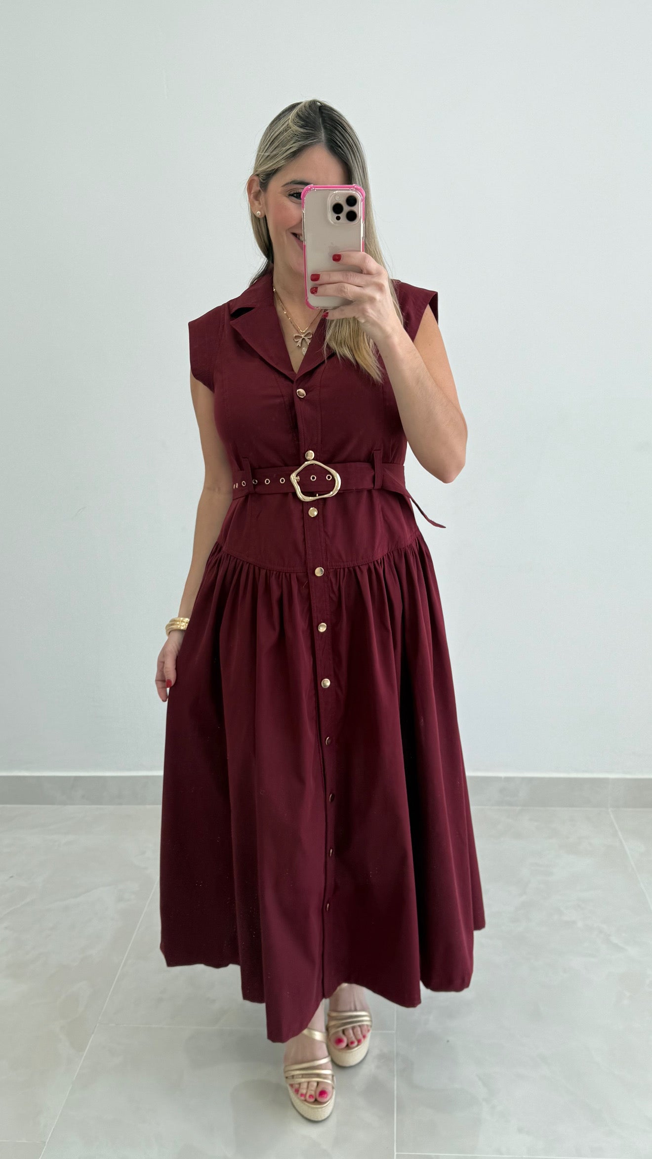 Button Down Maxi Dress With belt Wine