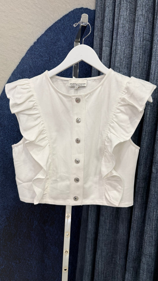 Ruffle Sleeve Denim Top White