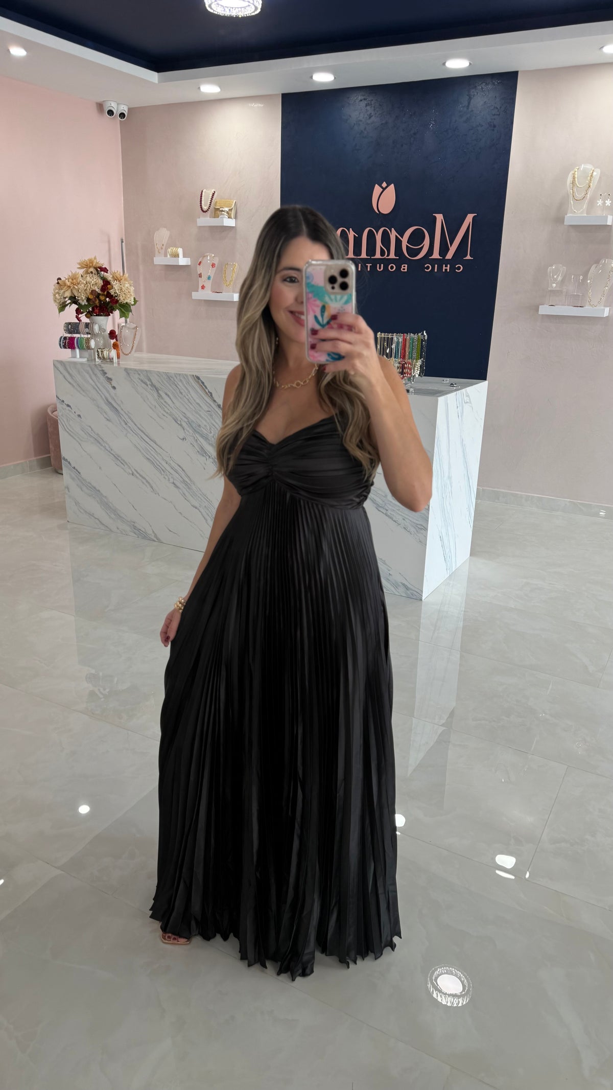 Pleated Satin Maxi Dress Black