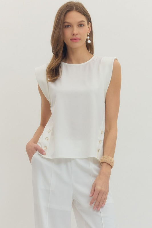Stylish White Top W Gold Side Button