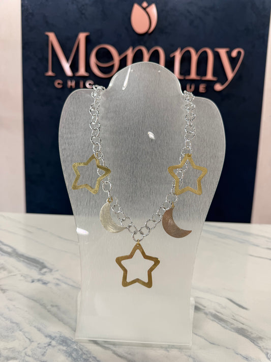 Two Tones Stars & Moon Necklace 28”