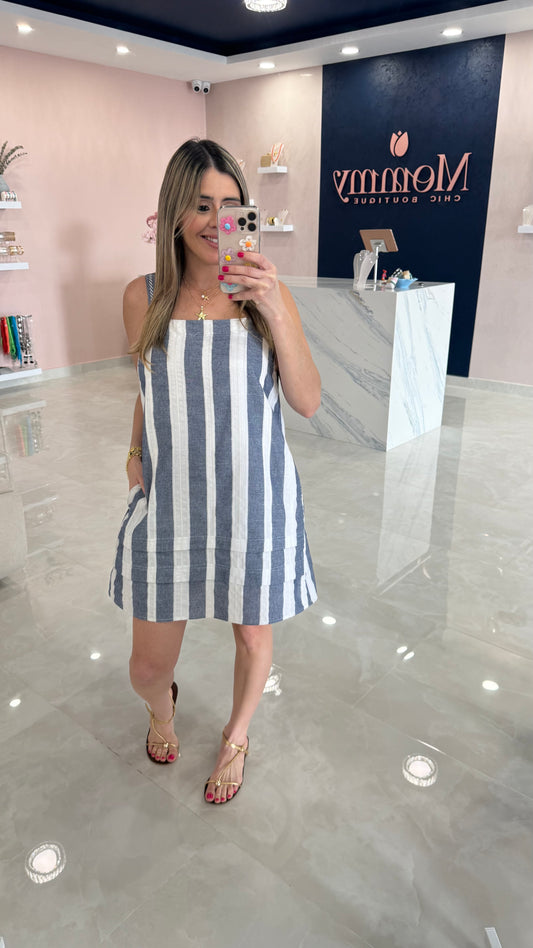 Stripped Dress Short Blue