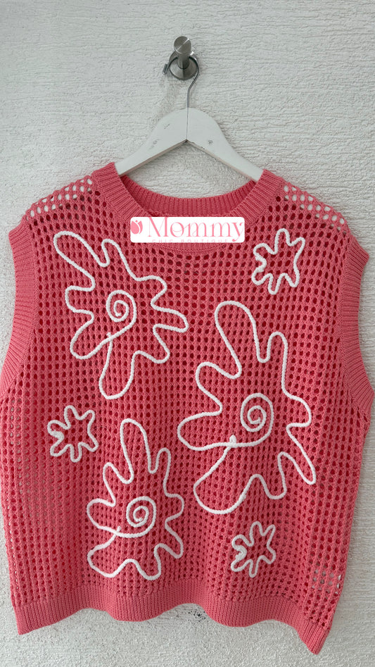 Sweater Top With 3D Flower Coral