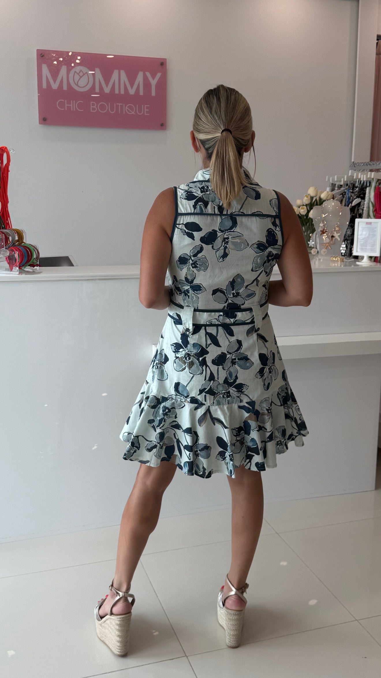 Printed Sleeveless Dress Navy
